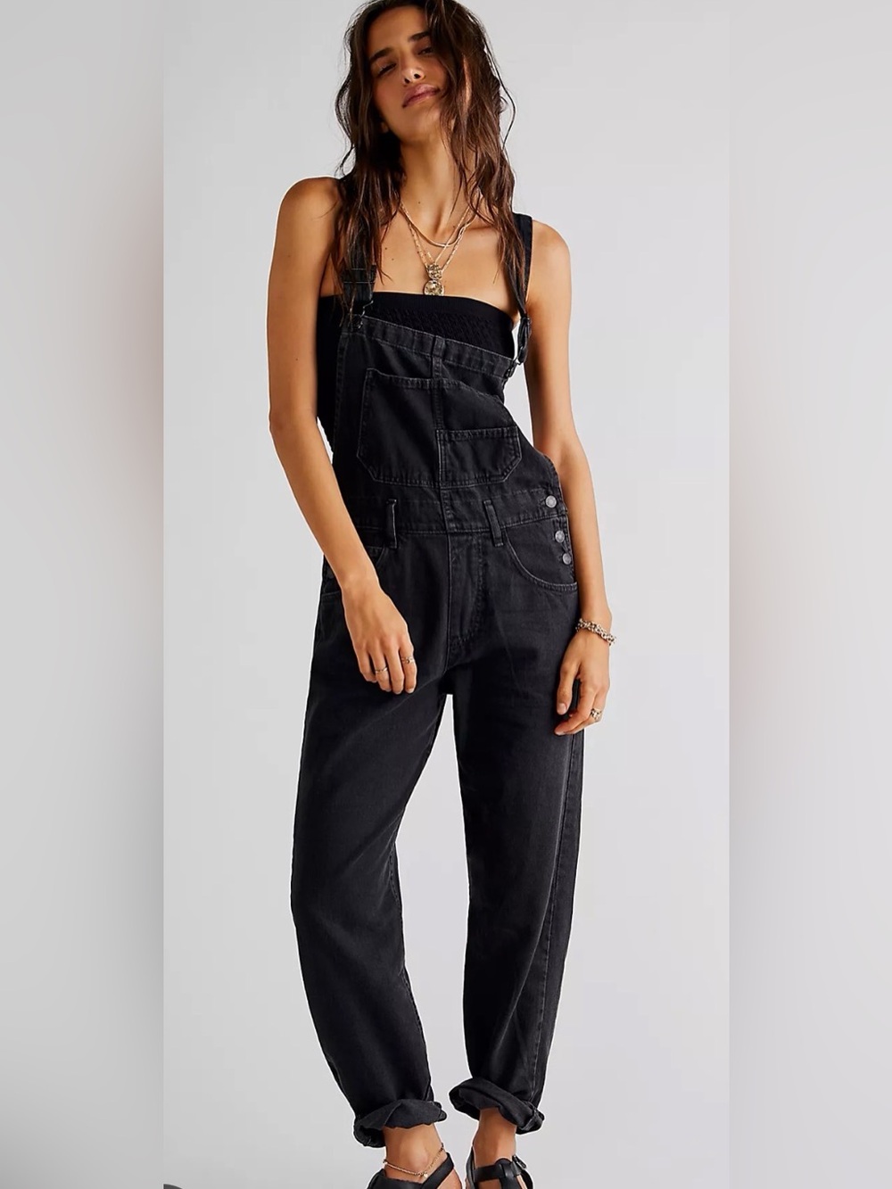 We The Free Black Women’s Denim Overalls with Relaxed Fit Straight Leg